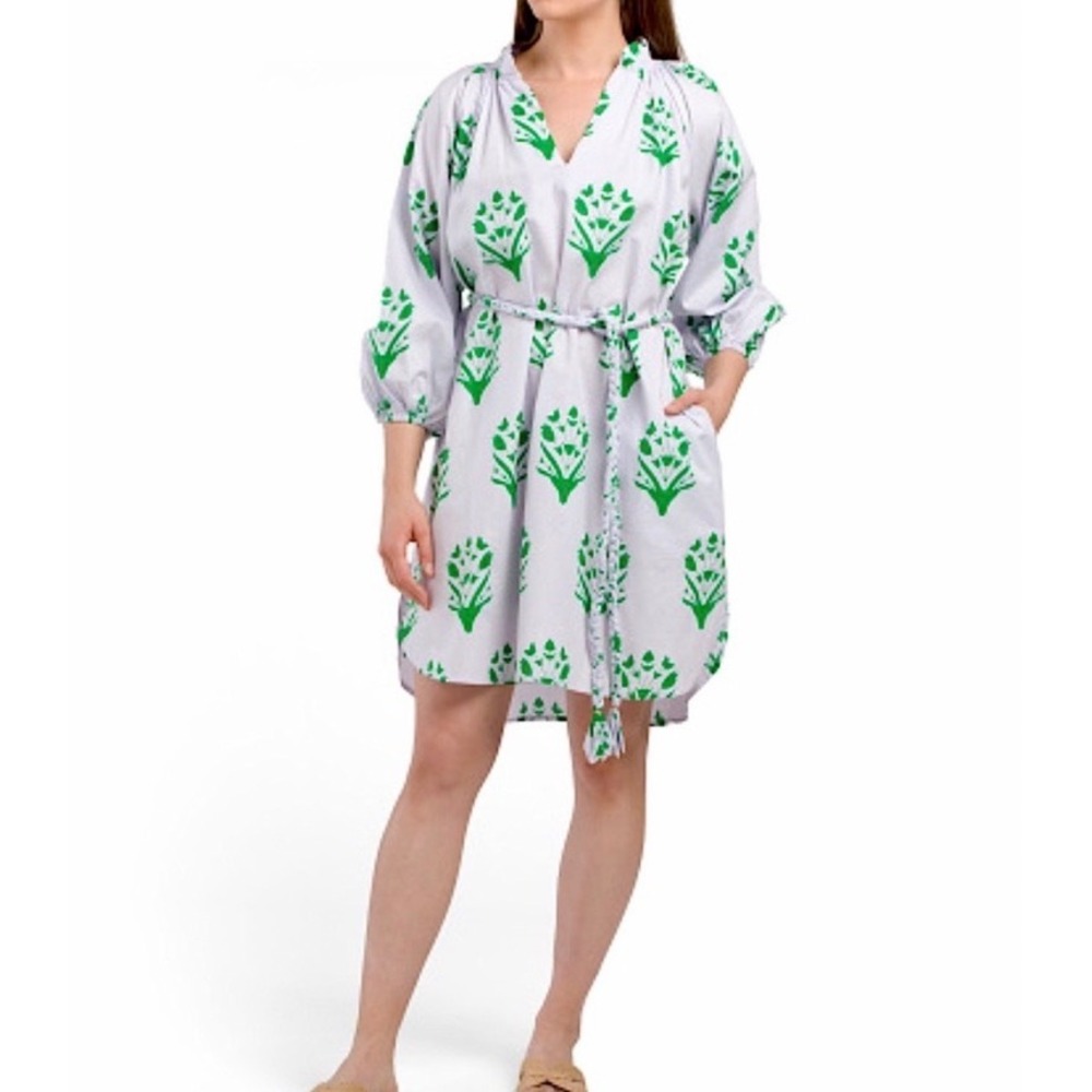 Caryn Lawn Pippi Dress Green Floral Block Print Cotton Mini Belted Size OS NEW